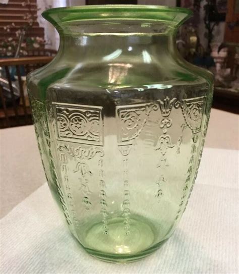 Princess Pattern Green Uranium Depression Glass Vase Hocking Glass