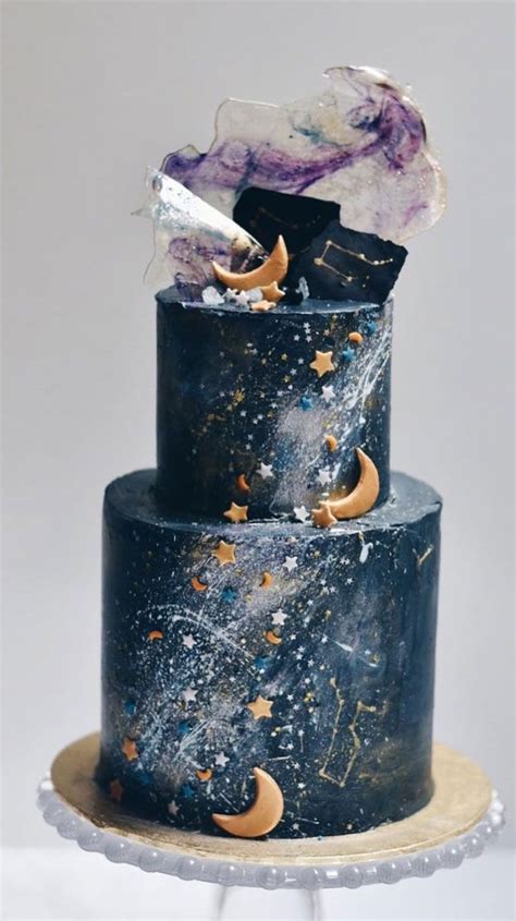 Celestial Wedding Cake Moon And Stars On Two Tier Dark Blue Wedding Cake