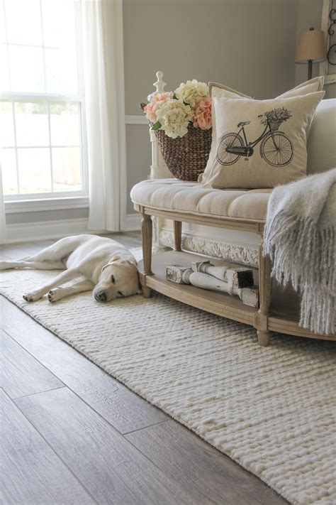 Farmhouse bedroom. White bedroom rug. Woven rug. | Bedroom rug, White bedroom, Pretty bedroom decor