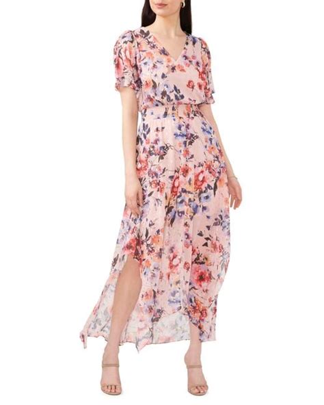 Chaus Floral Smocked Waist Fil Coupé Chiffon Maxi Dress In Red Lyst