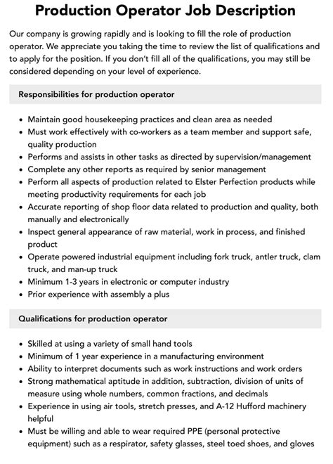 Production Operator Job Description Velvet Jobs