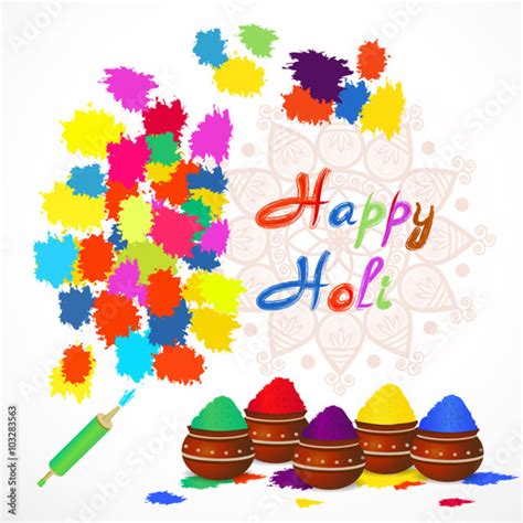 Happy Holi Card With Color Splashes Pichkari And Mandala Vector