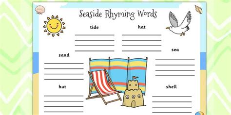 seaside rhyming words worksheet seaside resources