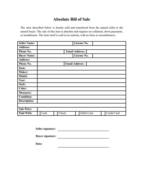 Fillable Form Absolute Bill Of Sale Bill Of Sale Template Work Email