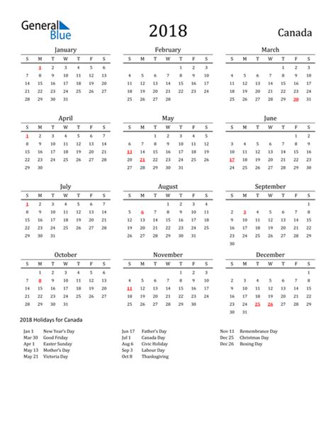 2018 Canada Calendar With Holidays