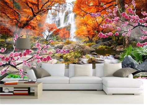 Custom Mural 3d Wallpaper Mountain Waterfall Flowers Home