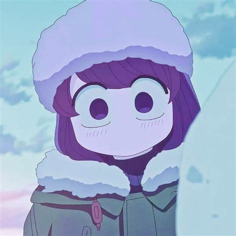 A Person With Purple Hair Wearing A Winter Coat And A Beanie On Their Head