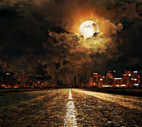 Moonlight City Cloudy Lights Moonshine Nature Night Road Hd