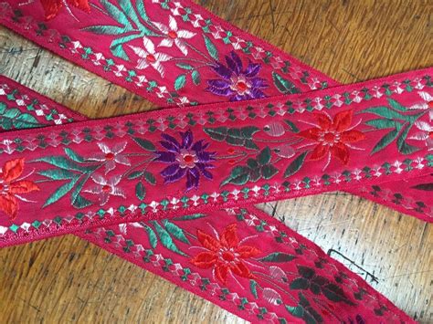 Beautiful Red Floral Ribbon Purple Green And Red Florals Red Etsy
