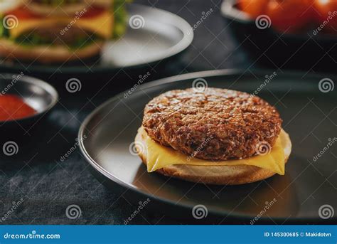 Fresh Tasty Burger On Dish With With French Fries Ketchup Stock Image