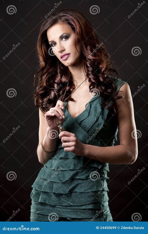 brunette and green dress stock image image of expression 24450699
