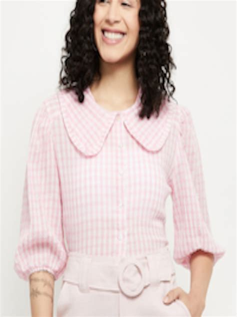 Buy Max Women Pink Checked Peter Pan Collar Shirt Style Top Tops For