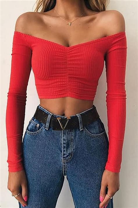 Red Ribbed Off Shoulder Long Sleeve Sexy Crop Top Crop Long Red