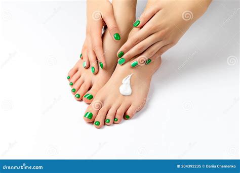 Beautiful Female Hand Apply Cream On Her Foot Stock Image Image Of Spring Manicure 204392235