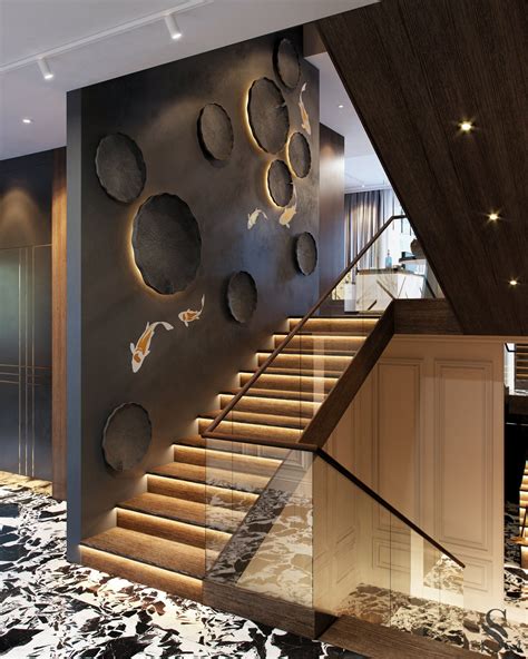 The Staircase Is Decorated With Elegant Lamps With Adjustable Lighting
