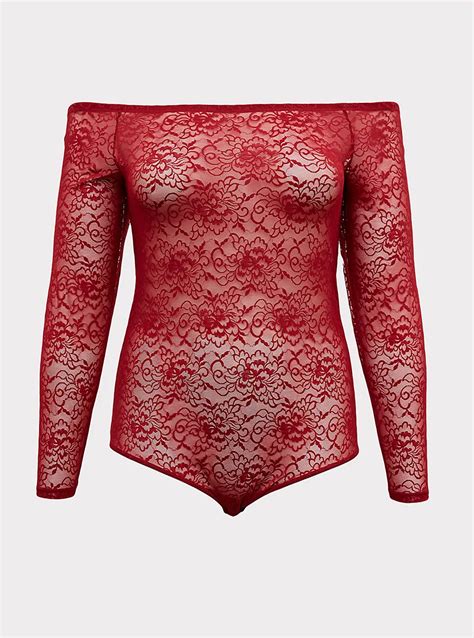 Red Lace Off Shoulder Sheer Bodysuit In 2020 Sheer Bodysuit Red Lace