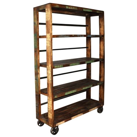 Caster Bookcase Made Of Sheesham And Mango Wood With Iron Casters And