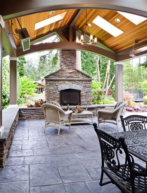 Scandinavian Outdoor Living Area Style Comes With Stacked Stone Covered Porches