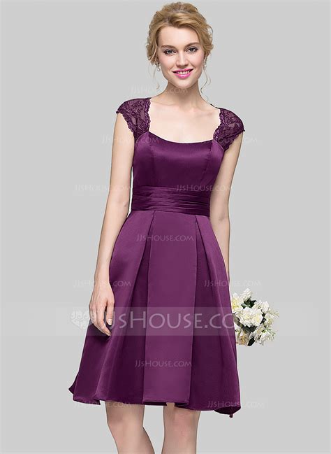 A Line Princess Square Neckline Knee Length Satin Bridesmaid Dress With Ruffle 007090196
