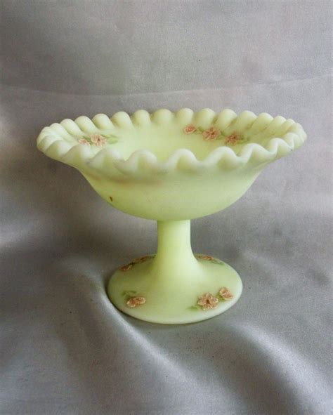 Fenton Custard Glass Compote Delicate Pink Flowers Pedestal Etsy