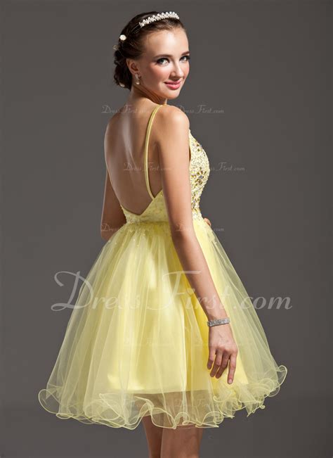 A Line Princess V Neck Short Mini Tulle Homecoming Dress With Beading