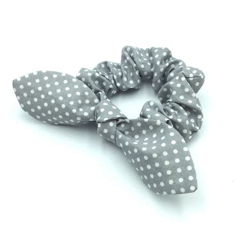 Felt easter craft rabbit ears shape. Light gray dots print hair scrunchie, rabbit ear scrunchie ...