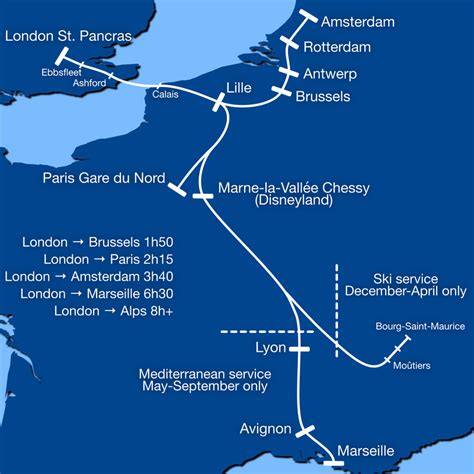 Map of eurostar routes showing journey times. Overview maps of long-distance rail in Europe