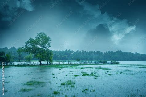 Beautiful Landscape Image With Heavy Rain Monsoon Rain In Kerala India