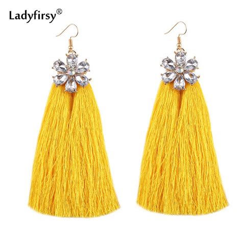 ladyfirsy flower crystal drop long tassel earrings for women bohemian fashion statement jewelry