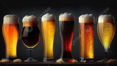 Glass Of Different Kinds Of Beer Laying Down On A Dark Background