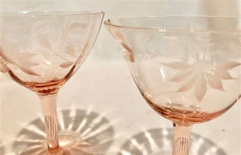 Vintage Blush Pink Floral Etched Depression Glass Wine Cocktail Glasses Set Of Three