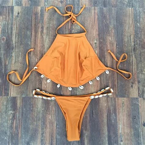 Solid Color Halter With Real Shell Bikini Sexy Thong Bikini Women Trendy Bandage Swimwear