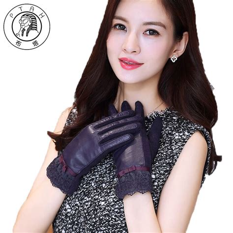Ptah Winter Women Sheepskin Genuine Leather Gloves Solid Wrist Lace Bow Lady Elegant Mittens