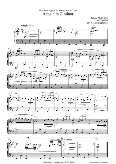 Albinoni Adagio In G Minor Theme For Piano Classical Sheet Music