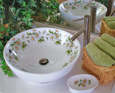 Daisy Painted Vessel Sink Traditional Powder Room