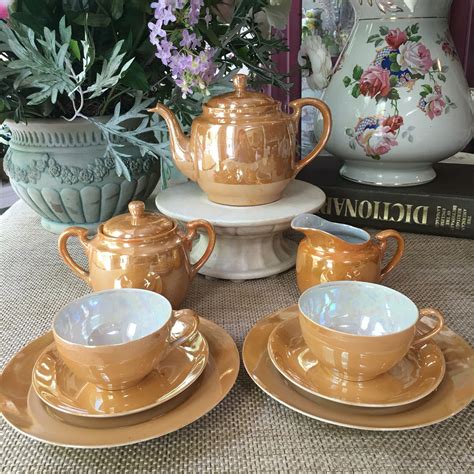 Lovely Lusterware Tea Set For Two Made In Japan Peach Orange Etsy Tea Set Tea Tea Sets Vintage