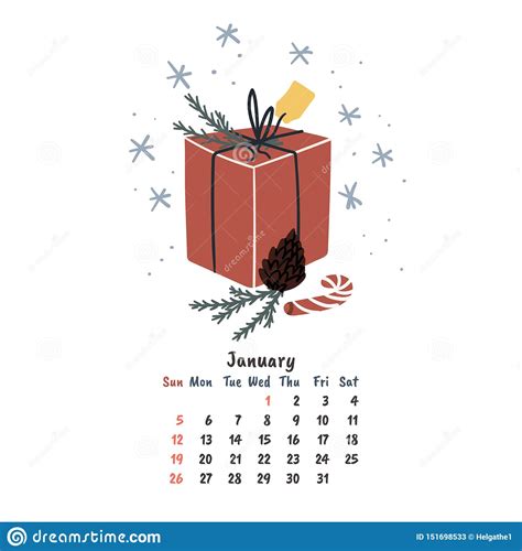 January Calendar Page Hand Drawn New Year Present Cartoon Doodle