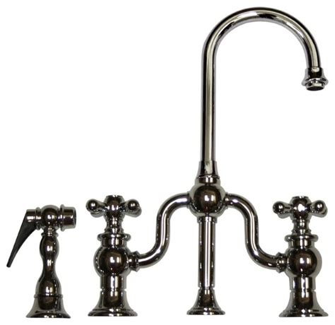 The sleek yet bold wall mounted bathroom faucet is sure to make a statement in bathrooms of any style, from rustic to contemporary. Bridge Faucet, Short Gooseneck Swivel Spout, Brass Side ...