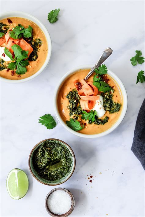 Curried Carrot Coconut Soup With Cilantro Pesto The Maker Makes