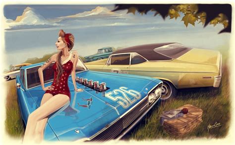 P0504 Illustration Pinup Muscle Cars Girl Woman Cars Wallpaper Poster