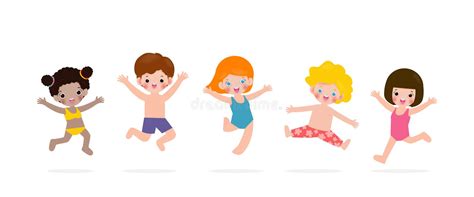 Collection Of Cute Children Jumping Enjoying Summer At The Beach Group