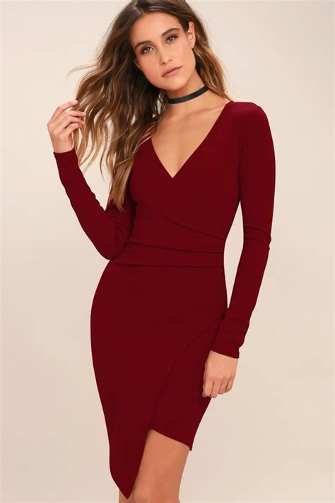 Sexy Dark Red Dress Long Sleeve Dress Bodycon Dress Lulus