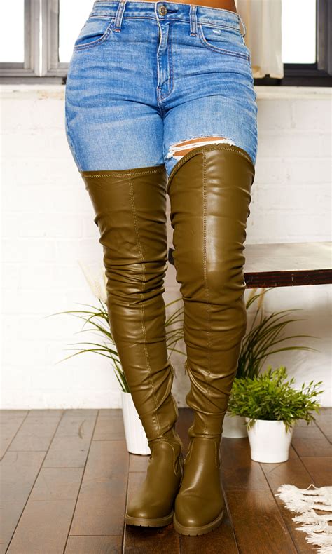 She S Killing It Surgical Thigh High Flat Stretch Boots Olive Final Sale Cutely Covered