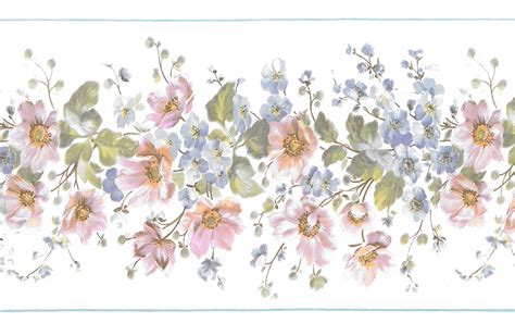 Prepasted Wallpaper Border Floral Beige Green Blue Pink Flowers On