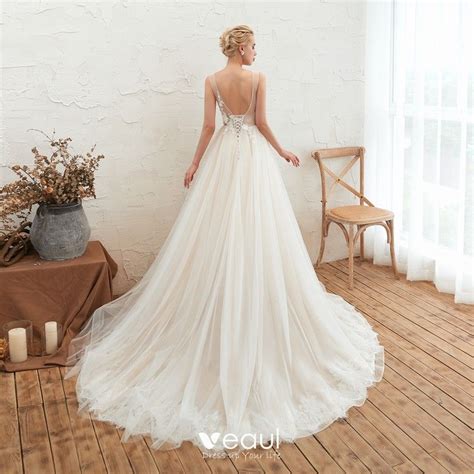 Affordable Champagne Outdoor Garden Summer Wedding Dresses 2019 A