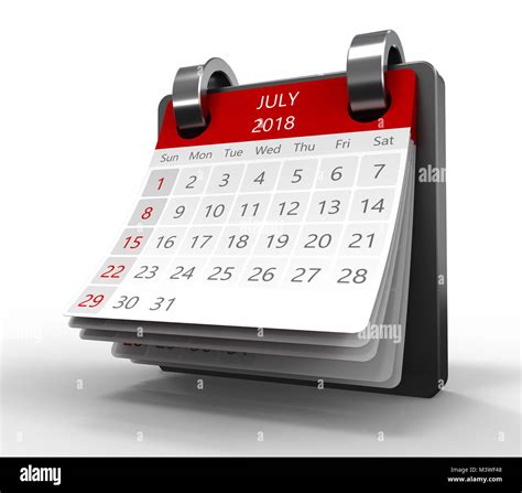 3d Illustration Of Generic Monthly Calendar On White July 2018 Page