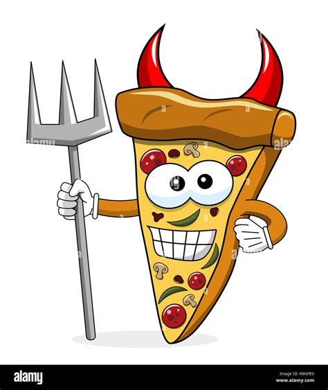 Pizza Slice Cartoon Funny Devil Trident Isolated On White Stock Photo