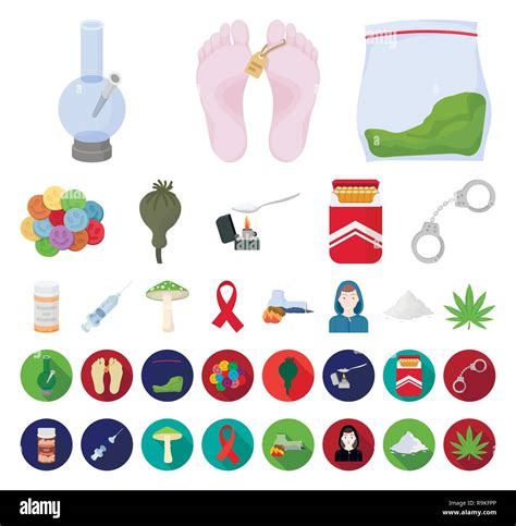 Drug Addiction And Attributes Cartoonflat Icons In Set Collection For