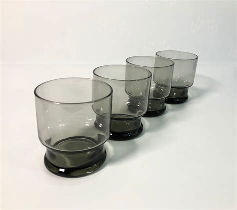 Vintage Retro Smoky Grey Tawny Stackable Drinking Glasses Set Of 4 Lowball Barware