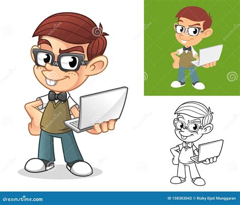 Happy Geek Boy Standing And Holding A Laptop Computer Cartoon Character